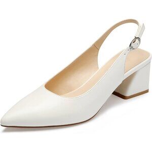 Women Slingback White Toe Block Heel Pump Low Heel Office Wedding Dress Shoes